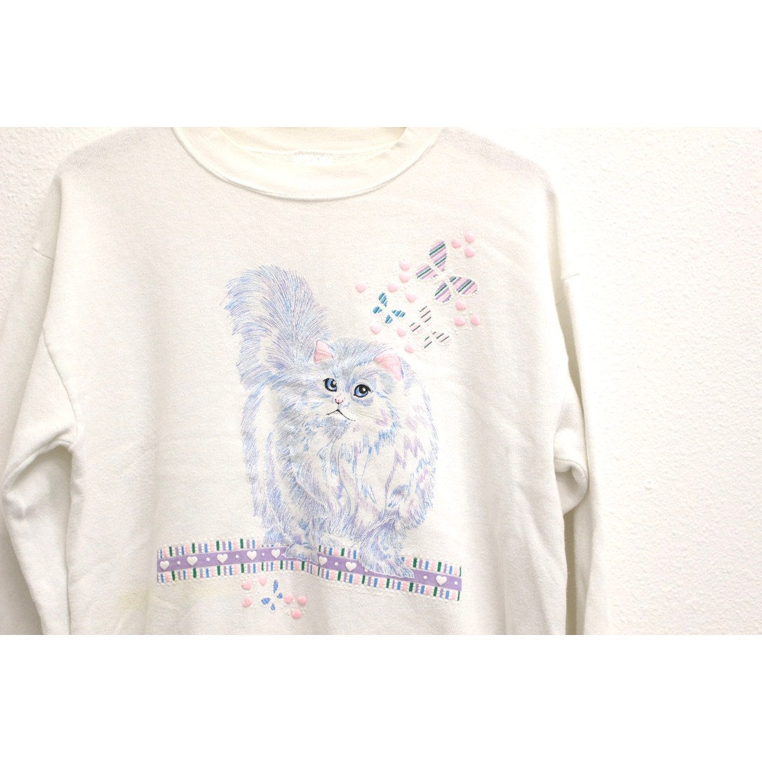 Vintage Kitty Cat Butterflies Sweatshirt Large