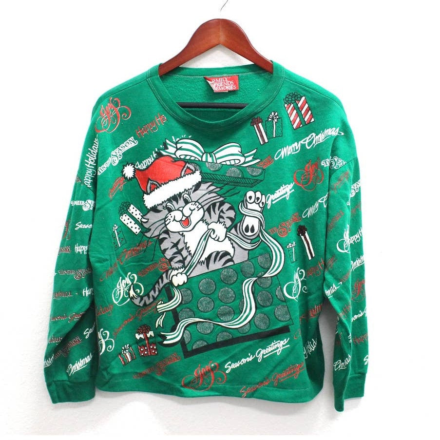 Vintage Ugly Crazy Cat Lady Christmas Sweater Sweatshirt Large