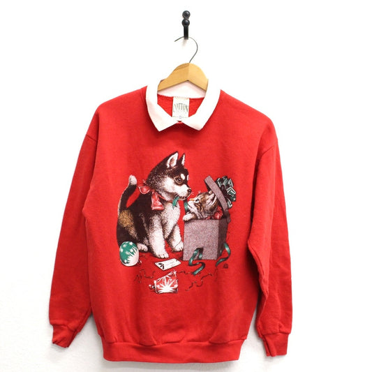 Vintage Puppy Kitten Christmas Gift Collared Sweatshirt Medium