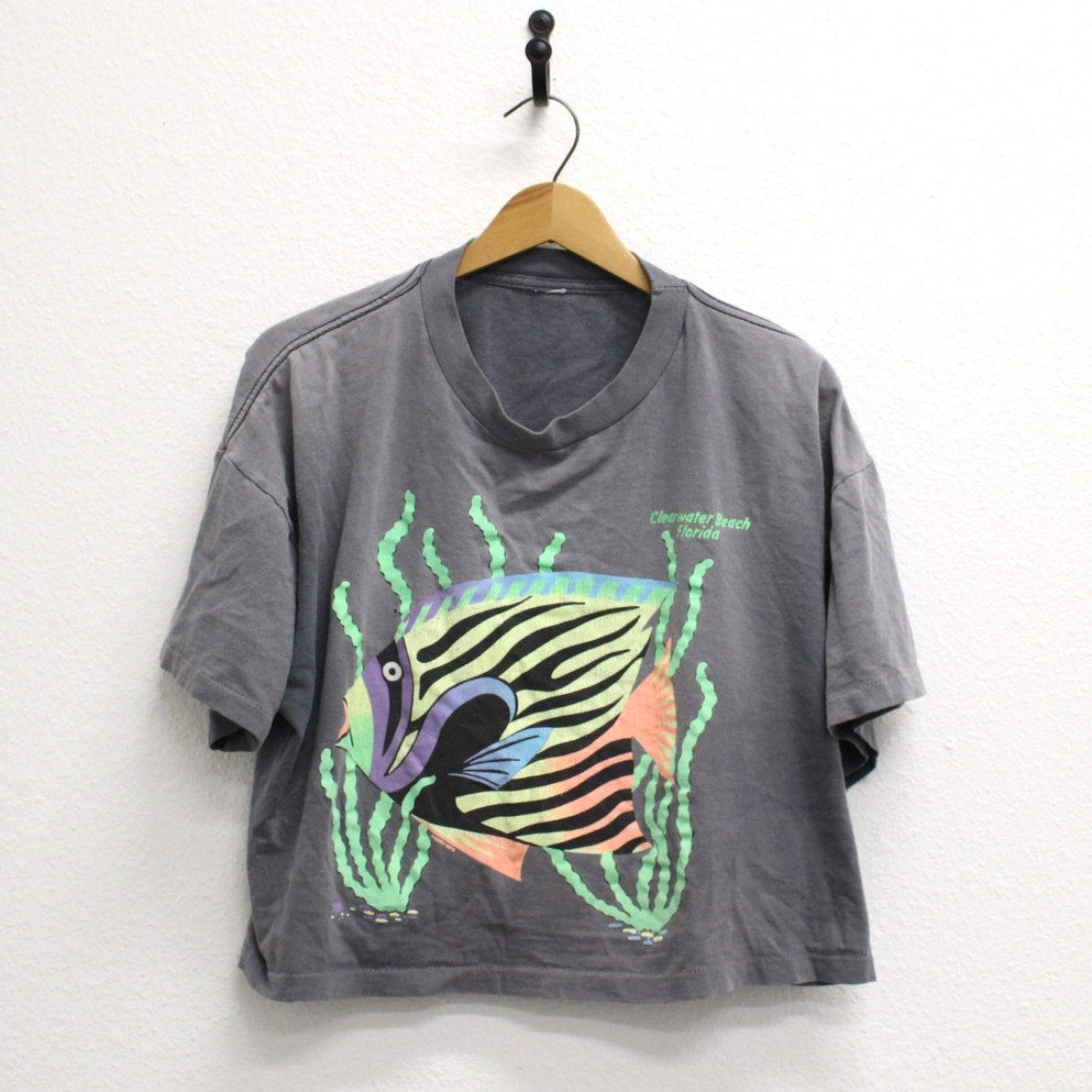 Vintage Clearwater Beach Florida Fish Crop Top T Shirt XL