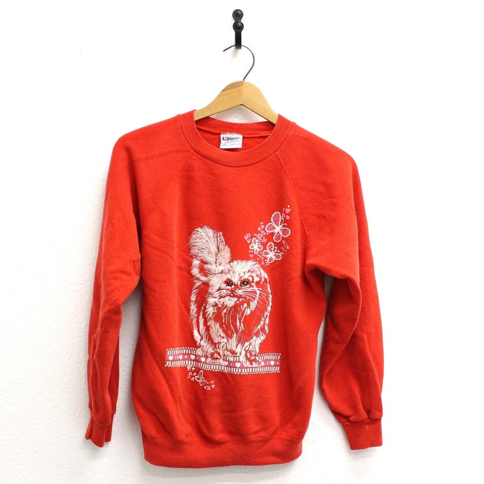 Vintage Kitty Cat Butterflies Hearts Sweatshirt Medium