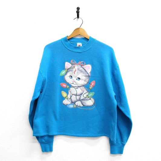 Vintage Kitty Cat Christmas Lights Sweatshirt XL