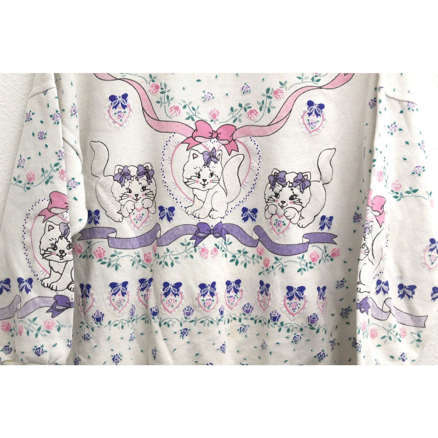 Vintage Kitty Cat Hearts Bows Flowers Sweatshirt Large