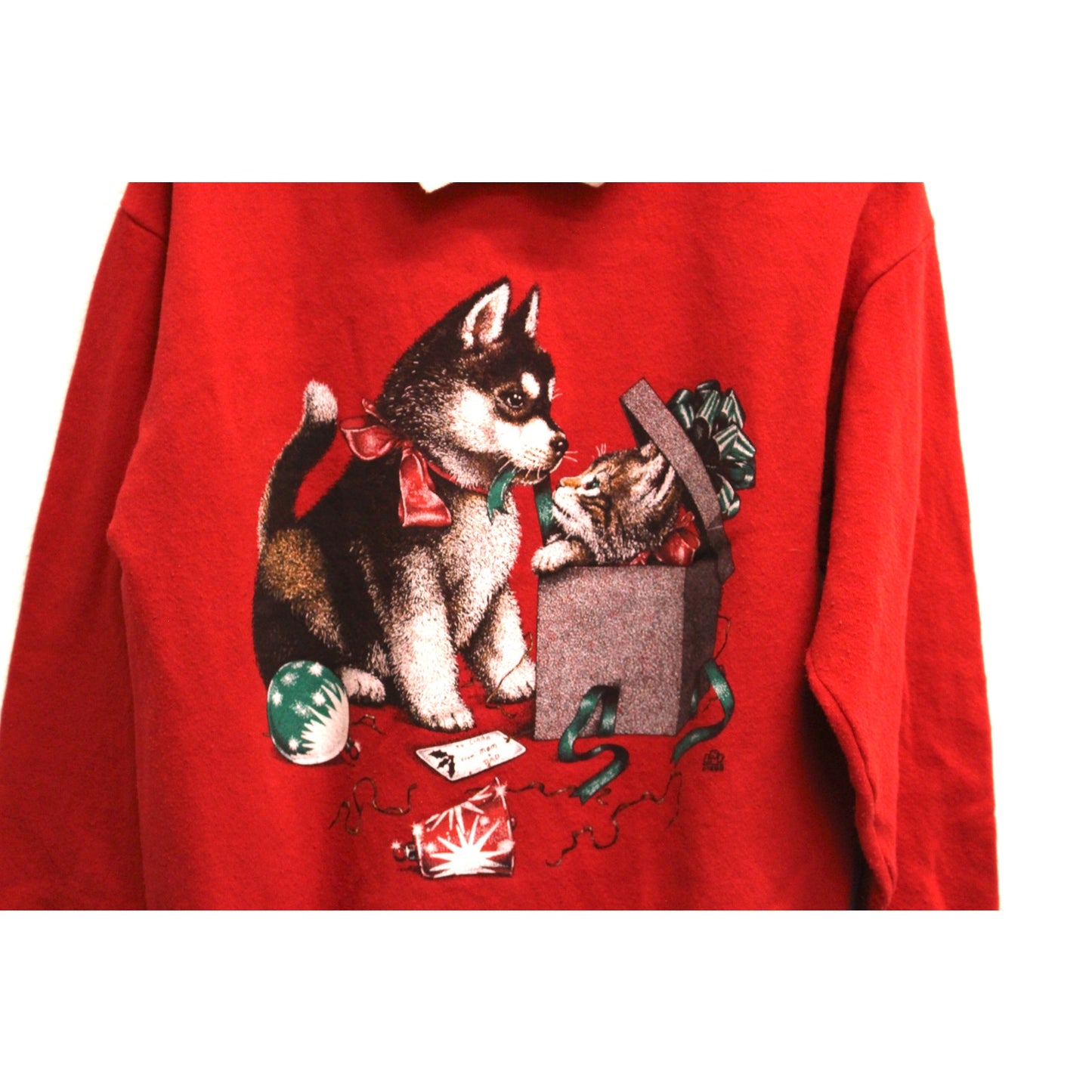 Vintage Puppy Kitten Christmas Gift Collared Sweatshirt Medium