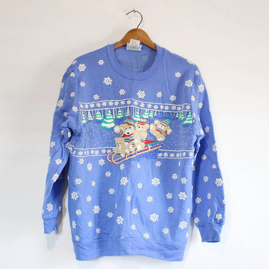 Vintage Teddy Bear Sledding Christmas Sweatshirt Medium