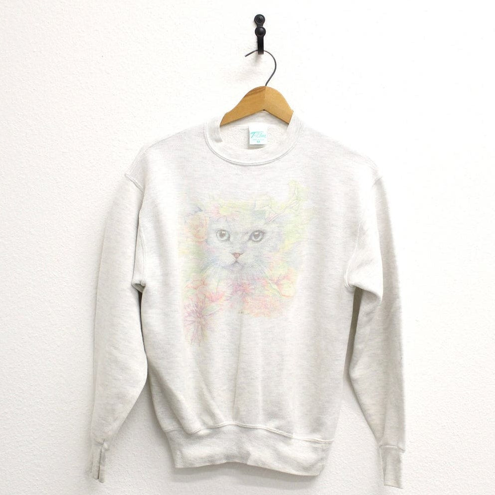Vintage Kitty Cat Pastel Floral Sweatshirt Medium