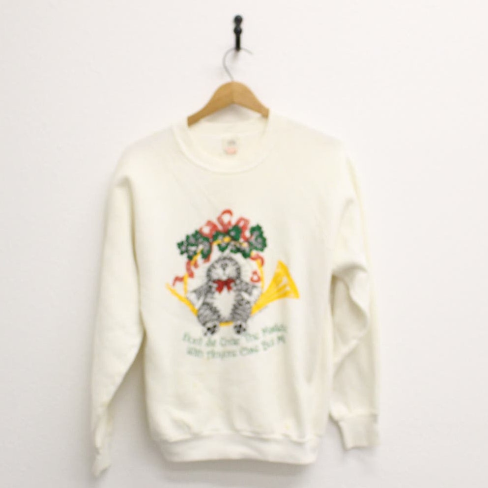 Vintage Mistletoe Christmas Cat Holiday Sweatshirt Large