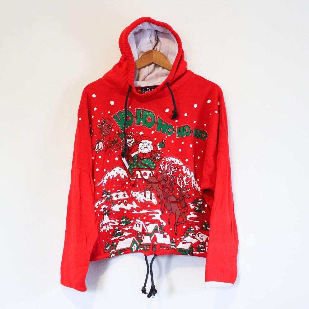 Vintage Christmas Santa Sweater Crop Hooded Sweatshirt Large