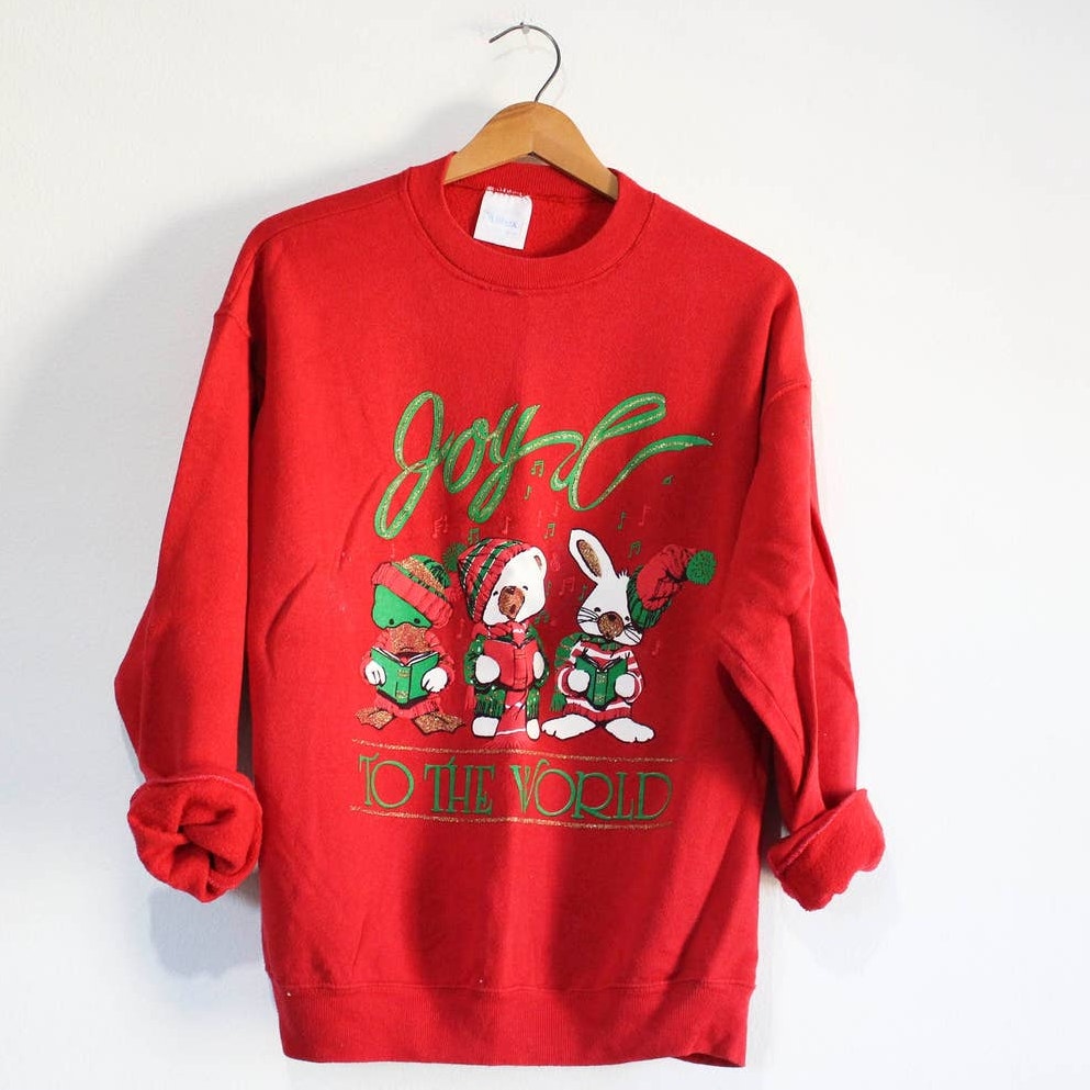 Vintage Joy To The World Holiday Merry Christmas Seasons Greetings Sweatshirt Large