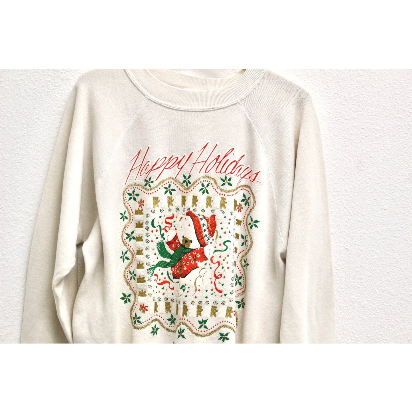 Vintage Christmas Happy Holidays Teddy Bear Sweatshirt XL