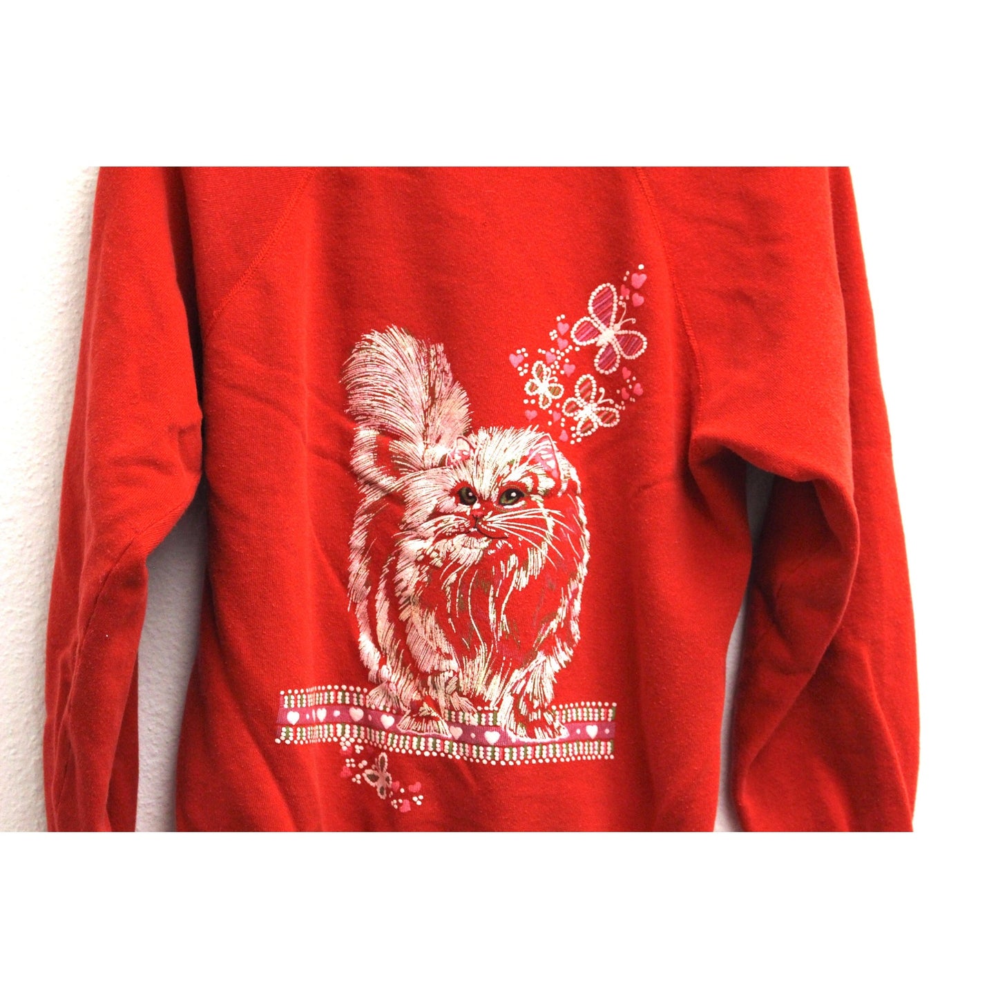 Vintage Kitty Cat Butterflies Hearts Sweatshirt Medium