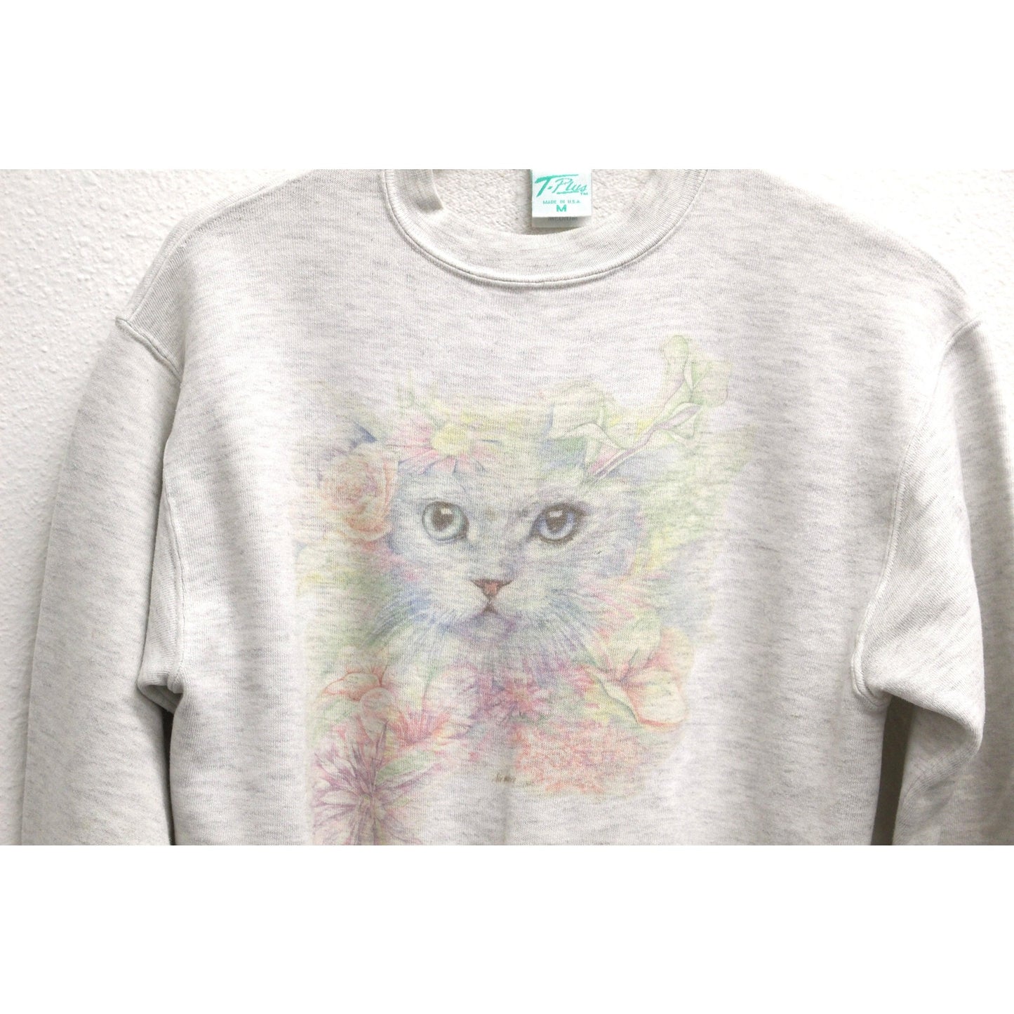 Vintage Kitty Cat Pastel Floral Sweatshirt Medium